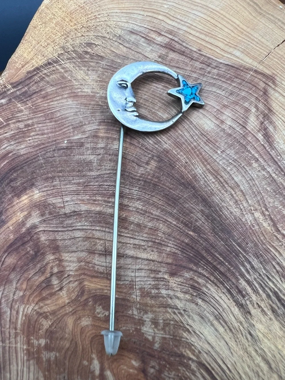 Sterling Silver & Crushed Turquoise Moon and Star Stick Pin